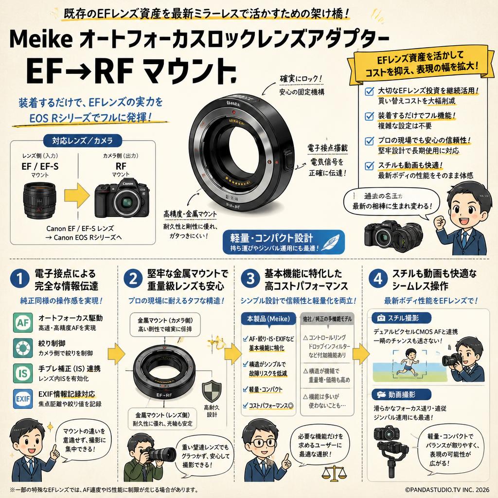 Meike オートフォーカスロックレンズアダプター EF→RF マウント 概要