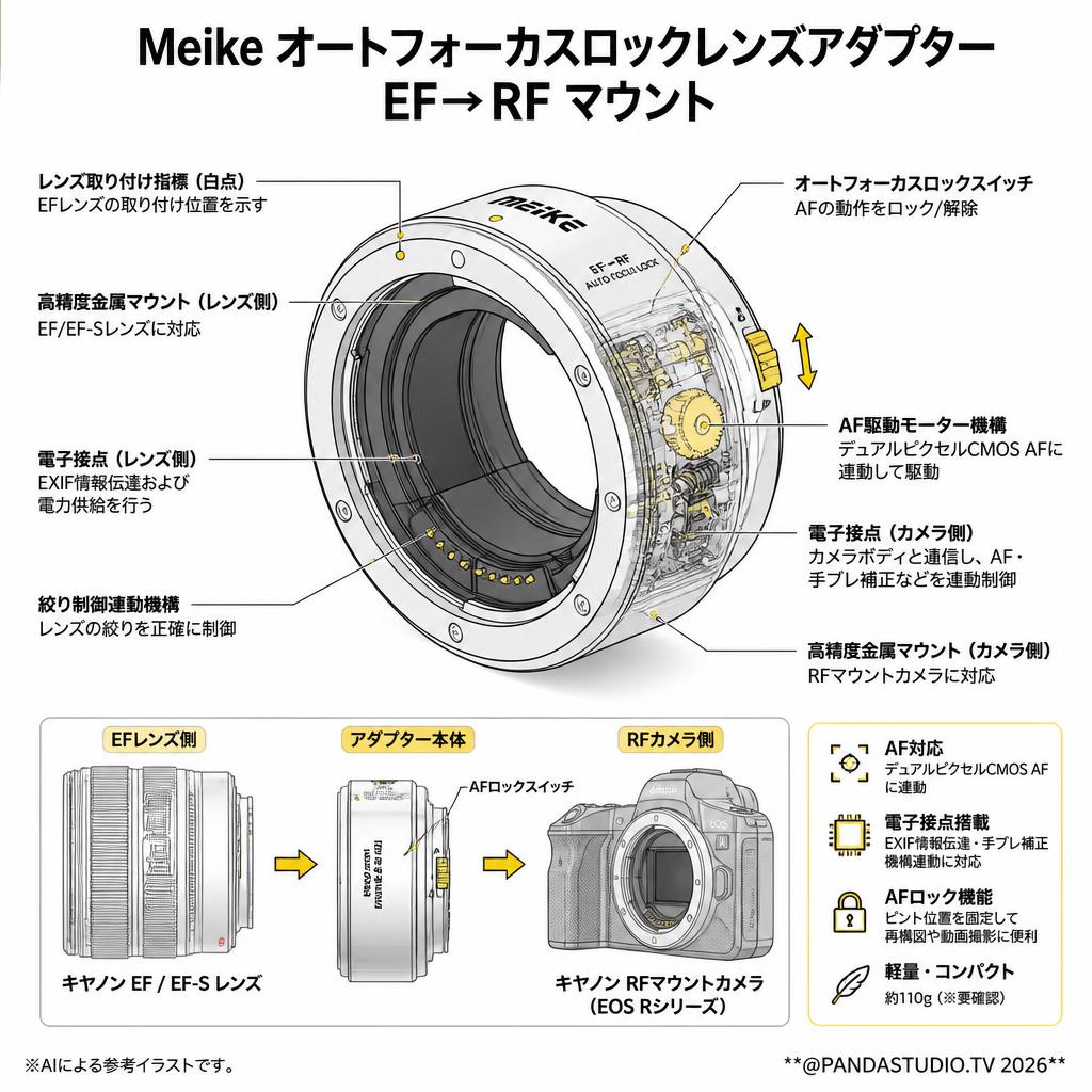 Meike オートフォーカスロックレンズアダプター EF→RF マウント スペック