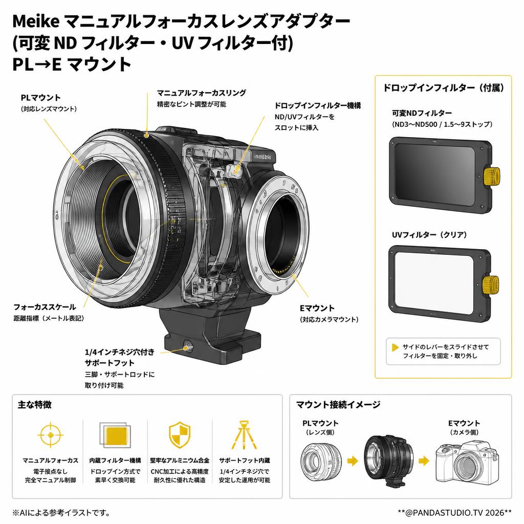 Meike マニュアルフォーカスレンズアダプター (可変 ND フィルター・UV フィルター付) PL→E マウント スペック