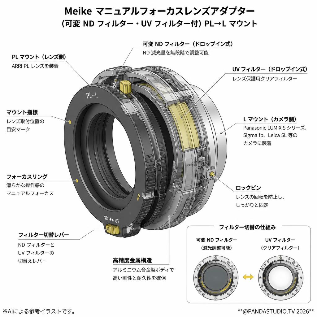 Meike マニュアルフォーカスレンズアダプター (可変 ND フィルター・UV フィルター付) PL→L マウント スペック