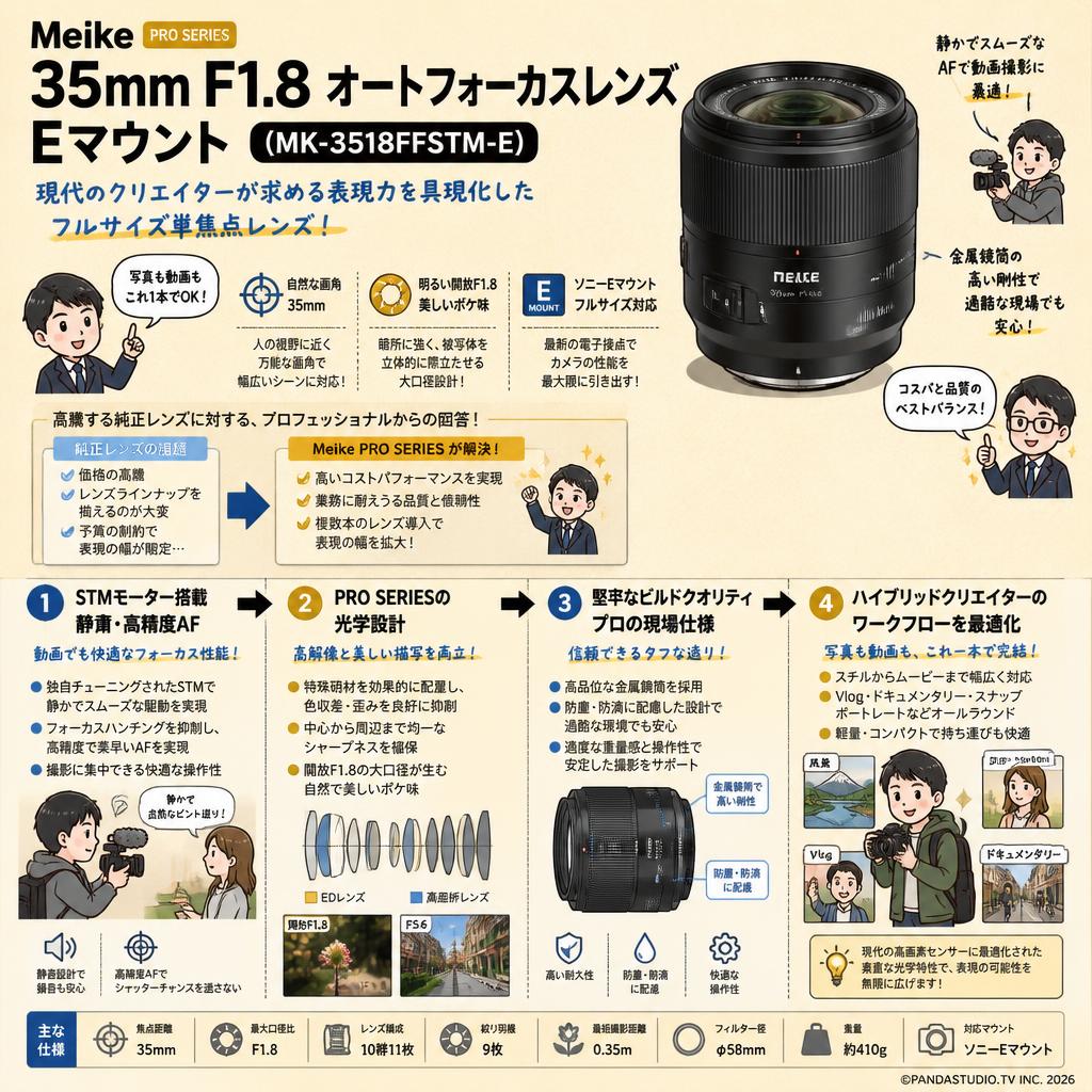 Meike 35mm F1.8 Auto Focus STM Full Frame Lens (PRO SERIES) オートフォーカスレンズ Eマウント (MK-3518FFSTM-E） 概要