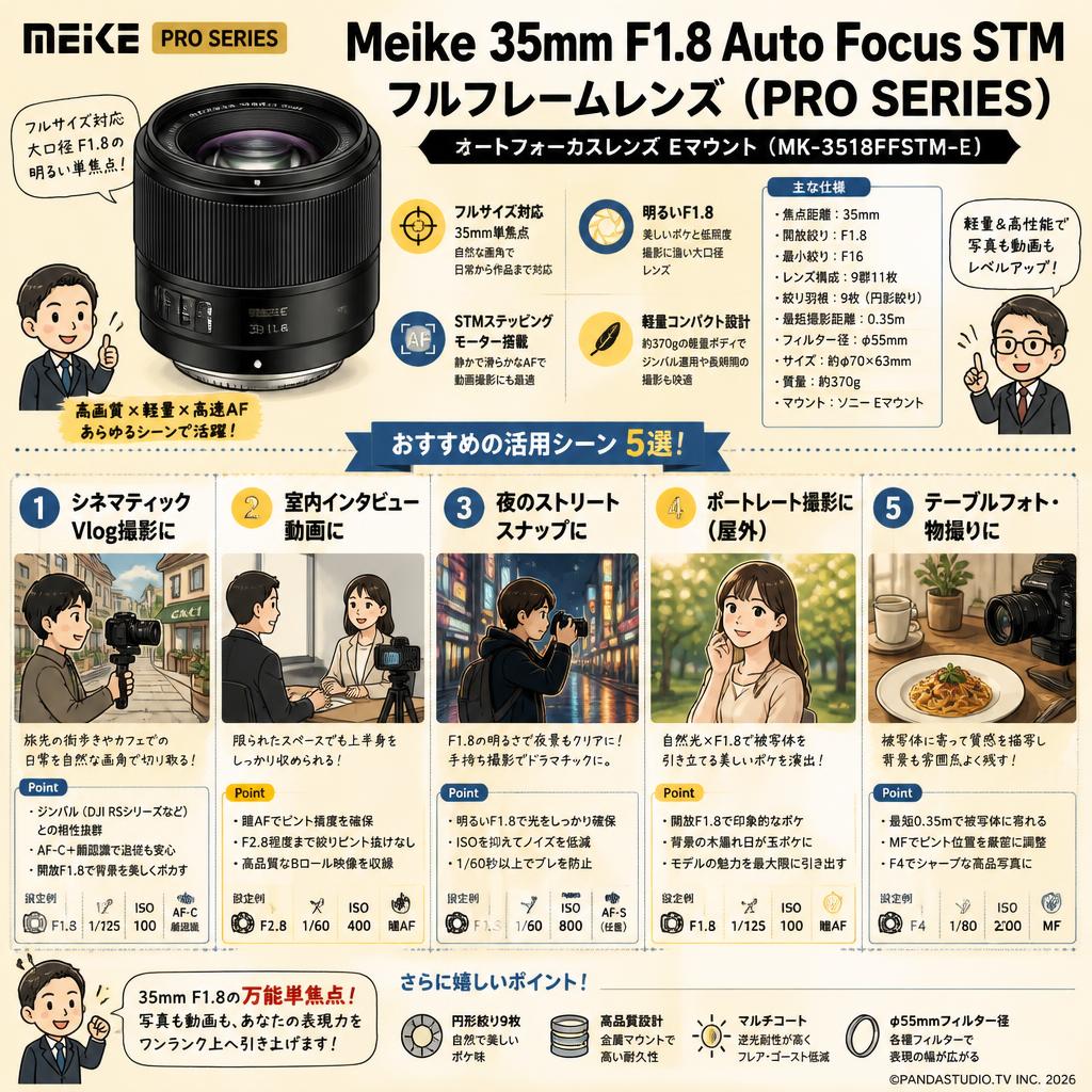 Meike 35mm F1.8 Auto Focus STM Full Frame Lens (PRO SERIES) オートフォーカスレンズ Eマウント (MK-3518FFSTM-E） 用途