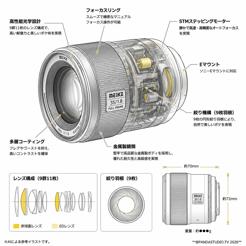 Meike 35mm F1.8 Auto Focus STM Full Frame Lens (PRO SERIES) オートフォーカスレンズ Eマウント (MK-3518FFSTM-E） スペック