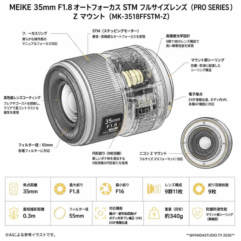 Meike 35mm F1.8 Auto Focus STM Full Frame Lens (PRO SERIES) オートフォーカスレンズ Z マウント (MK-3518FFSTM-Z） スペック