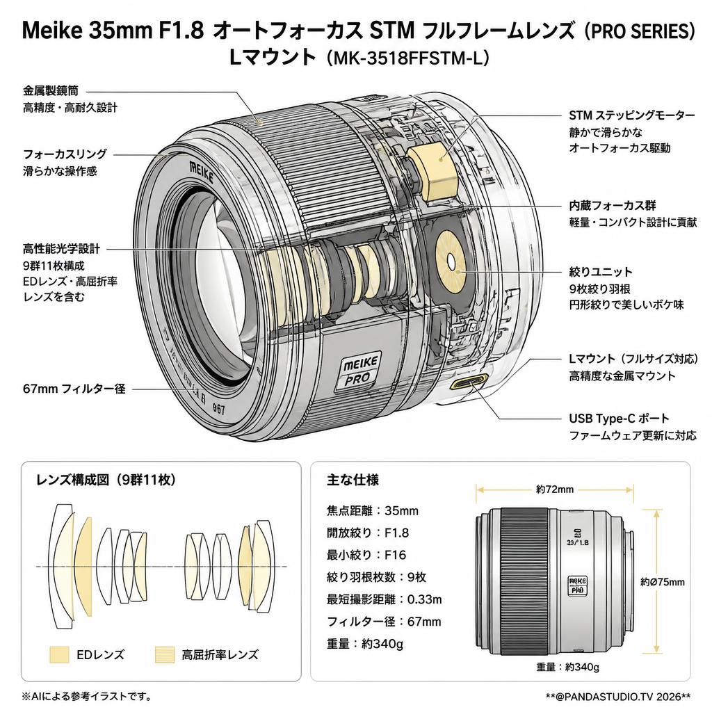 Meike 35mm F1.8 Auto Focus STM Full Frame Lens (PRO SERIES) オートフォーカスレンズ L マウント (MK-3518FFSTM-L） スペック