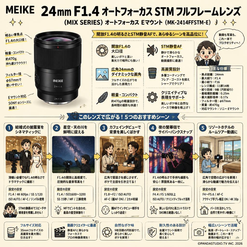 Meike 24mm F1.4 Auto Focus STM Full Frame Lens (MIX SERIES) オートフォーカス Eマウント  (MK-2414FFSTM-E) 用途