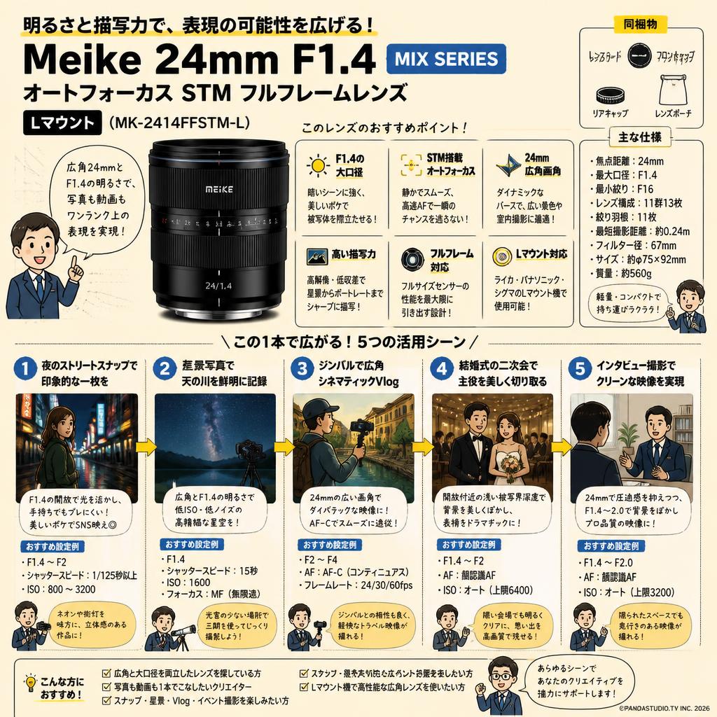 Meike 24mm F1.4 Auto Focus STM Full Frame Lens (MIX SERIES) オートフォーカス Lマウント  (MK-2414FFSTM-L) 用途