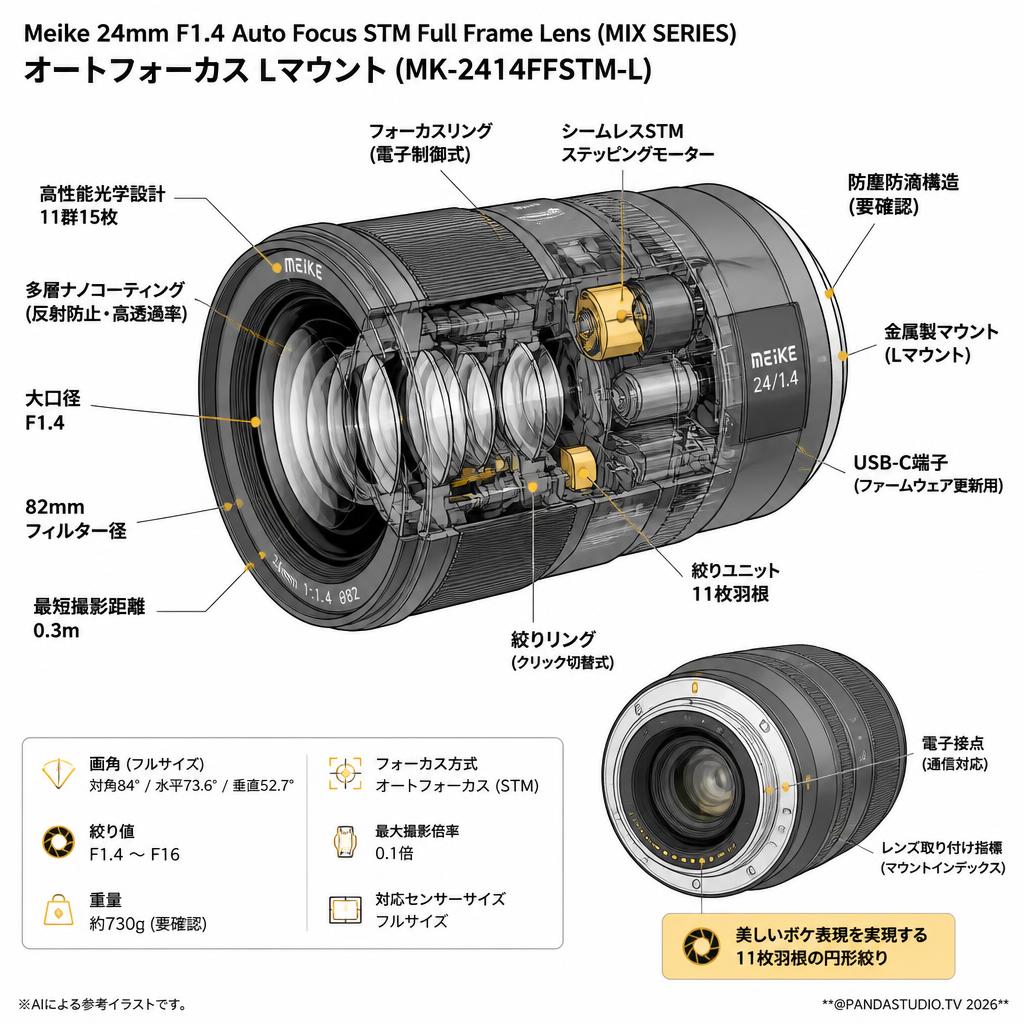 Meike 24mm F1.4 Auto Focus STM Full Frame Lens (MIX SERIES) オートフォーカス Lマウント  (MK-2414FFSTM-L) スペック