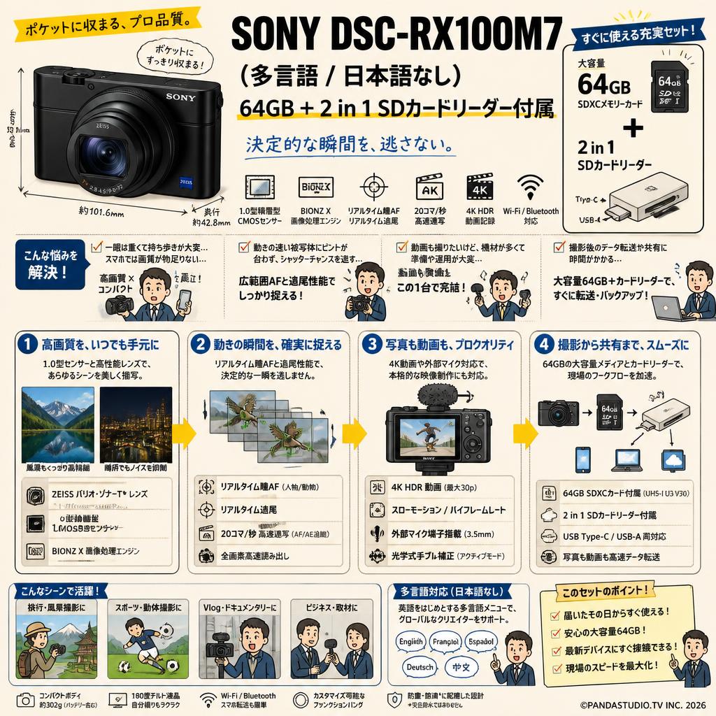 SONY DSC-RX100M7（多言語 / 日本語なし）64GB ＋ 2 in 1 SDカードリーダー付属 概要