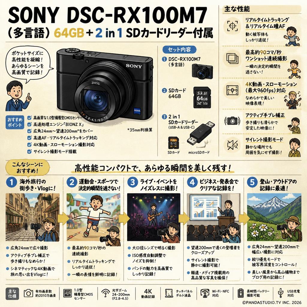 SONY DSC-RX100M7（多言語 / 日本語なし）64GB ＋ 2 in 1 SDカードリーダー付属 用途