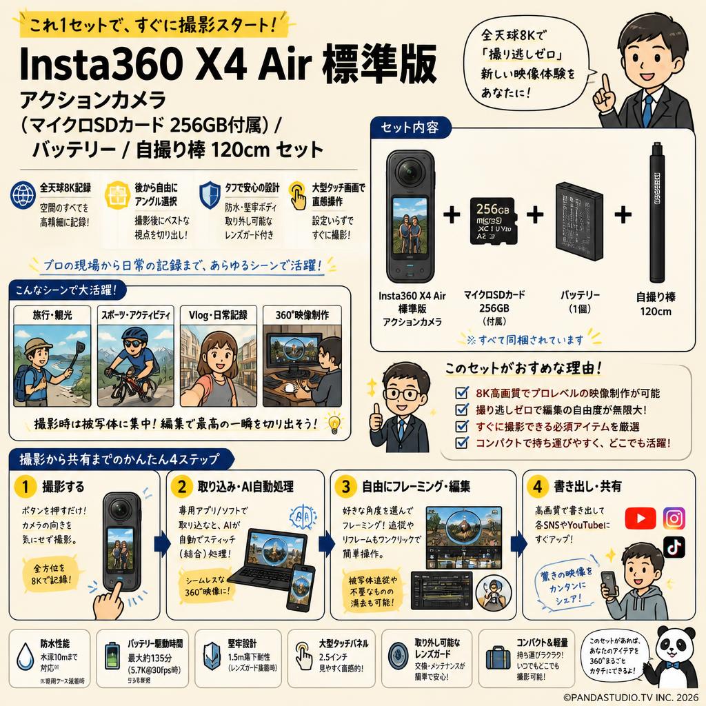 Insta360 X4 Air 標準版 アクションカメラ  (マイクロSDカード 256GB付属）/ バッテリー/ 自撮り棒 120cm セット 概要