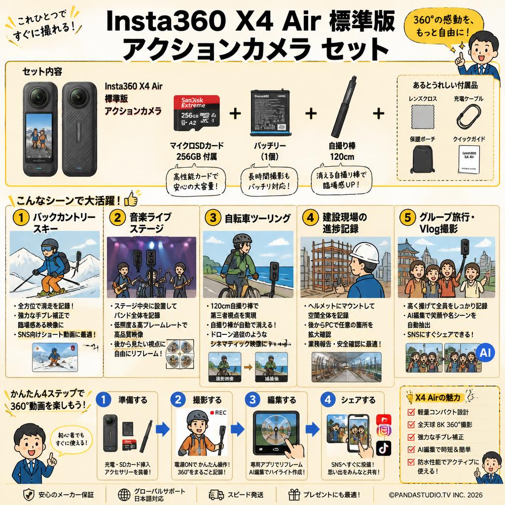 Insta360 X4 Air 標準版 アクションカメラ  (マイクロSDカード 256GB付属）/ バッテリー/ 自撮り棒 120cm セット 用途