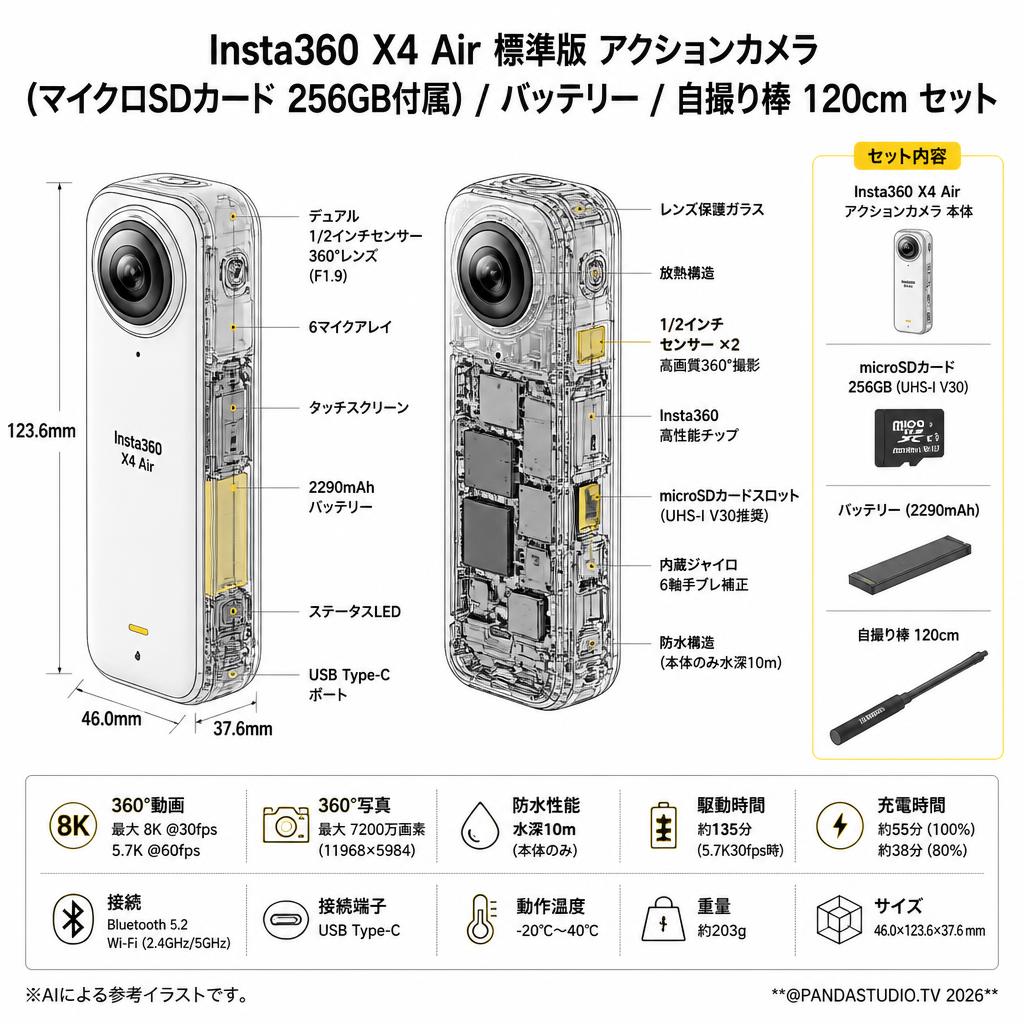 Insta360 X4 Air 標準版 アクションカメラ  (マイクロSDカード 256GB付属）/ バッテリー/ 自撮り棒 120cm セット スペック