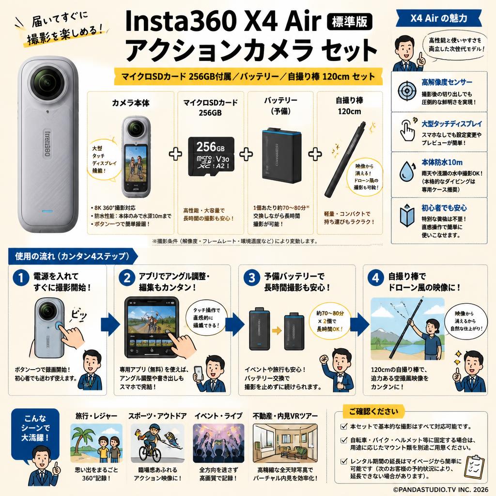 Insta360 X4 Air 標準版 アクションカメラ  (マイクロSDカード 256GB付属）/ バッテリー/ 自撮り棒 120cm セット FAQ（よくある質問と答え）