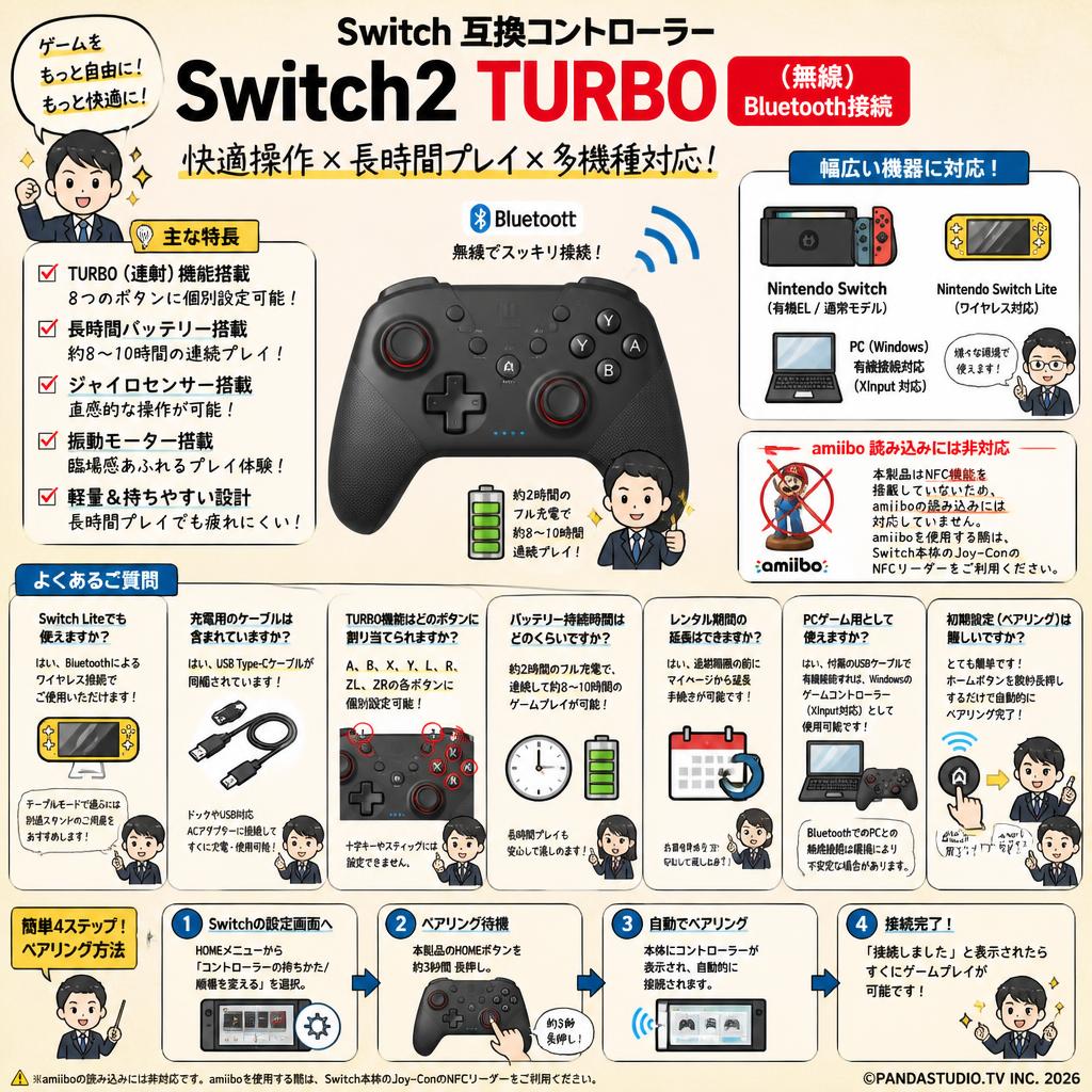 Switch 互換コントローラー Switch2 TURBO 【（無線）Bluetooth接続】 FAQ（よくある質問と答え）