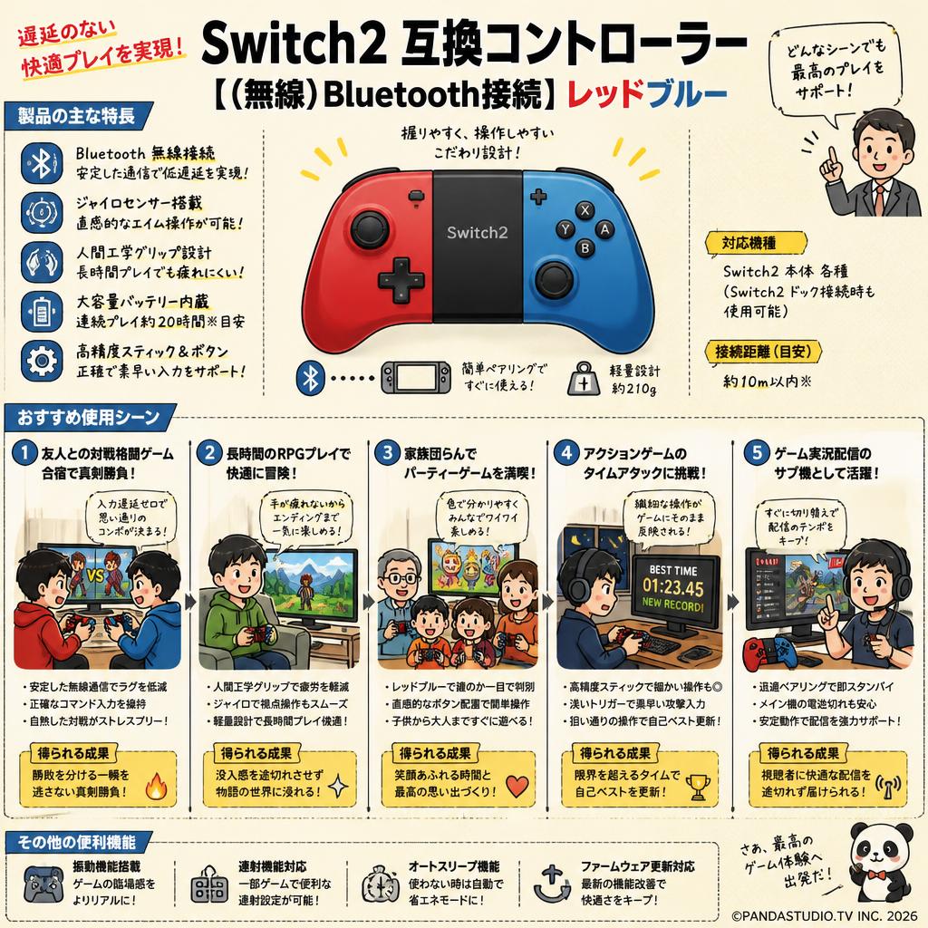 Switch2 互換コントローラー 【（無線）Bluetooth接続】レッドブルー 用途
