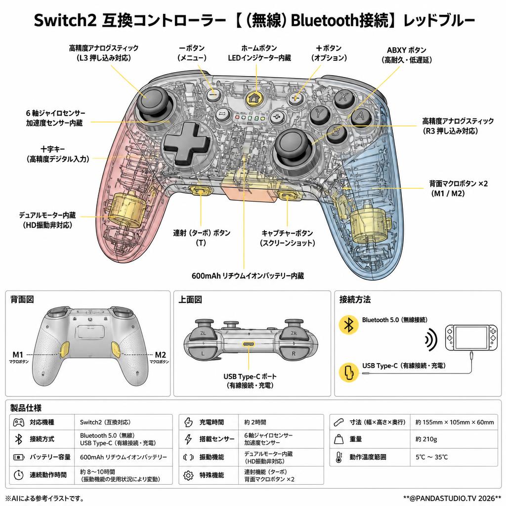 Switch2 互換コントローラー 【（無線）Bluetooth接続】レッドブルー スペック