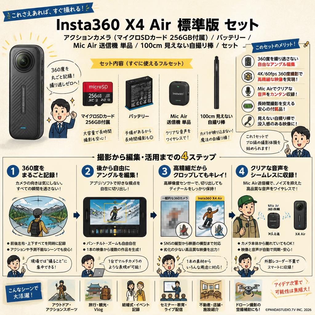 Insta360 X4 Air 標準版 アクションカメラ  (マイクロSDカード 256GB付属）/ バッテリー / Mic Air 送信機 単品 / 100cm 見えない自撮り棒 / セット 概要