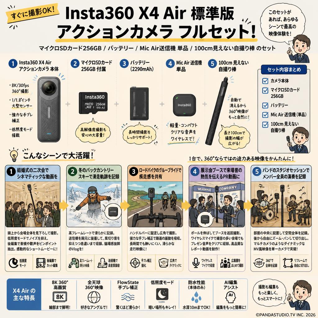 Insta360 X4 Air 標準版 アクションカメラ  (マイクロSDカード 256GB付属）/ バッテリー / Mic Air 送信機 単品 / 100cm 見えない自撮り棒 / セット 用途