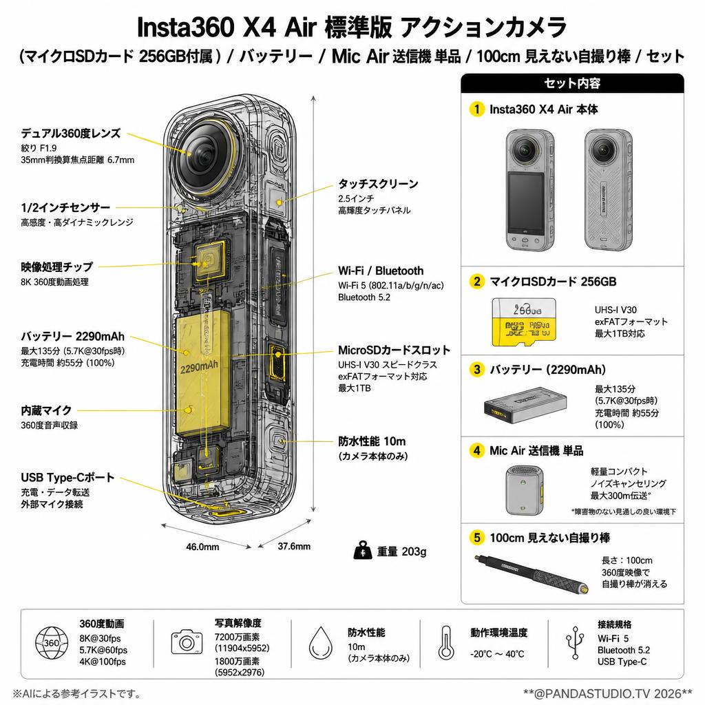 Insta360 X4 Air 標準版 アクションカメラ  (マイクロSDカード 256GB付属）/ バッテリー / Mic Air 送信機 単品 / 100cm 見えない自撮り棒 / セット スペック