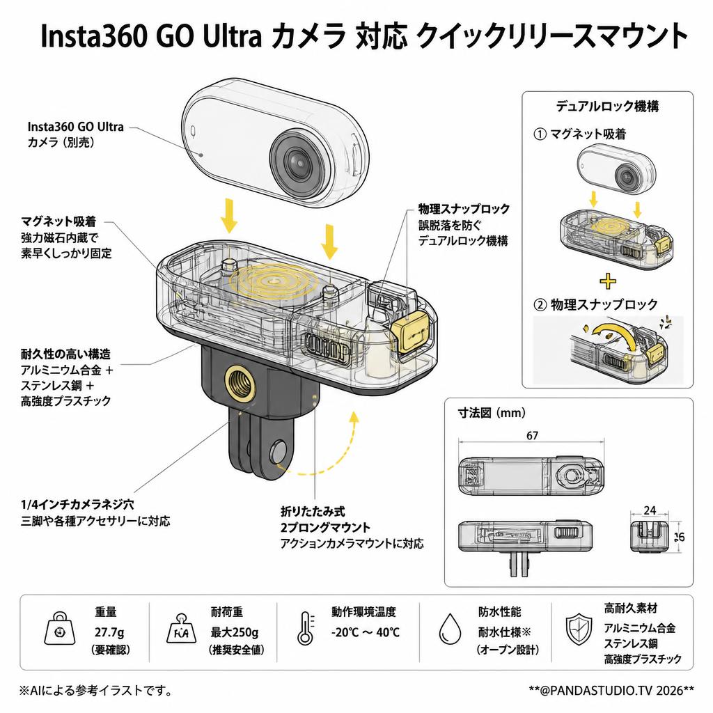 Insta360 GO Ultra カメラ 対応 クイックリリースマウント スペック