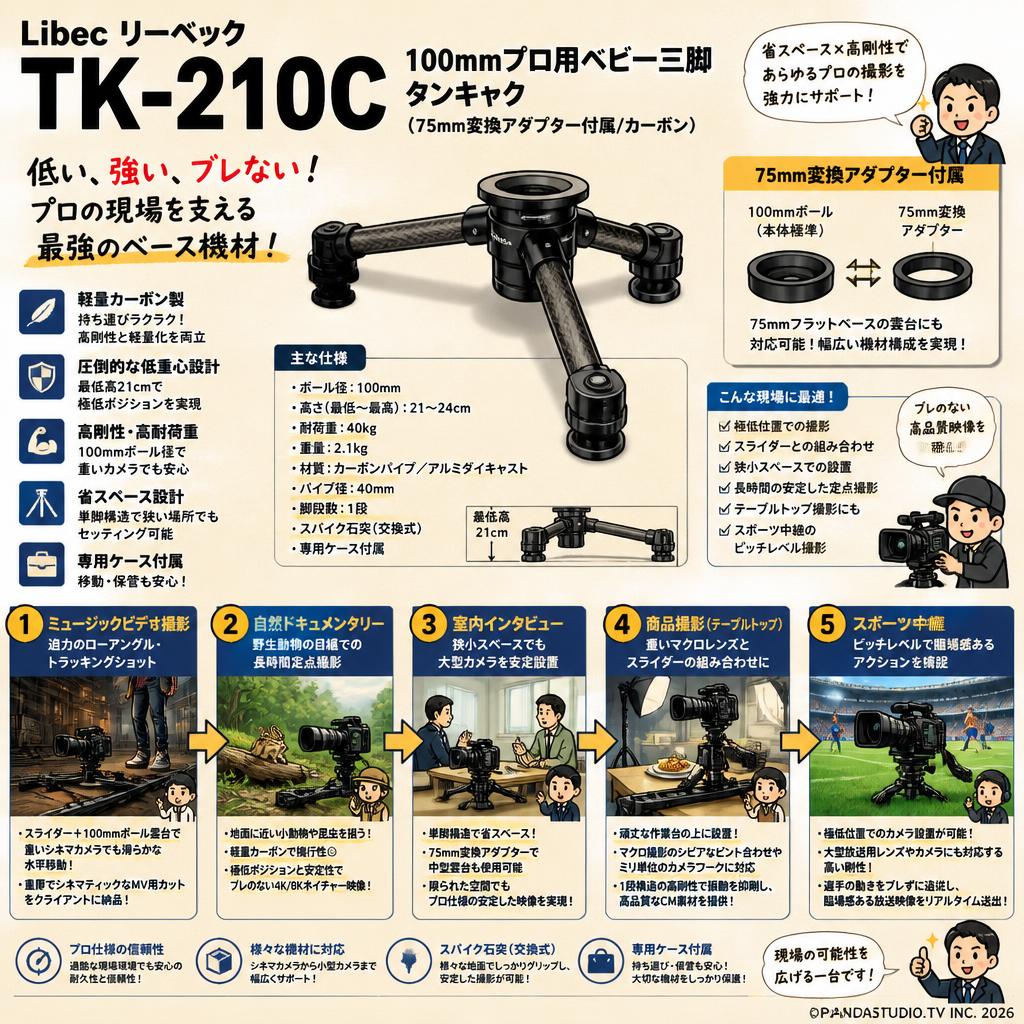 Libec リーベック TK-210C 100mmプロ用ベビー三脚 タンキャク(75mm変換アダプター付属/カーボン) 用途