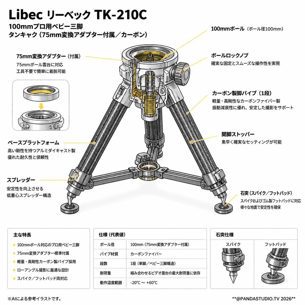 Libec リーベック TK-210C 100mmプロ用ベビー三脚 タンキャク(75mm変換アダプター付属/カーボン) スペック