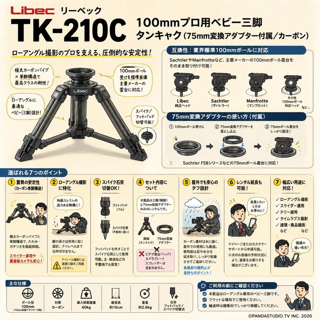 Libec リーベック TK-210C 100mmプロ用ベビー三脚 タンキャク(75mm変換アダプター付属/カーボン) FAQ（よくある質問と答え）
