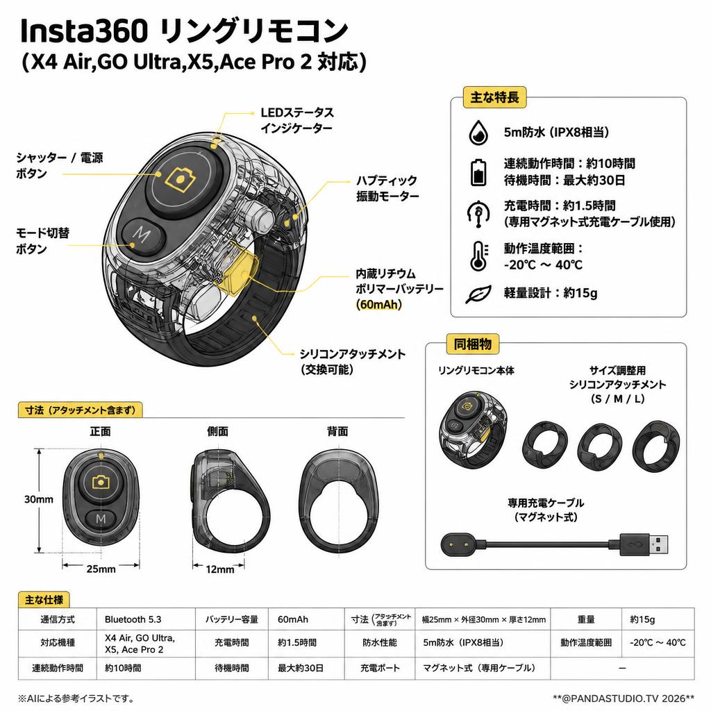 Insta360 リングリモコン（X4 Air,GO Ultra,X5,Ace Pro 2 対応） スペック