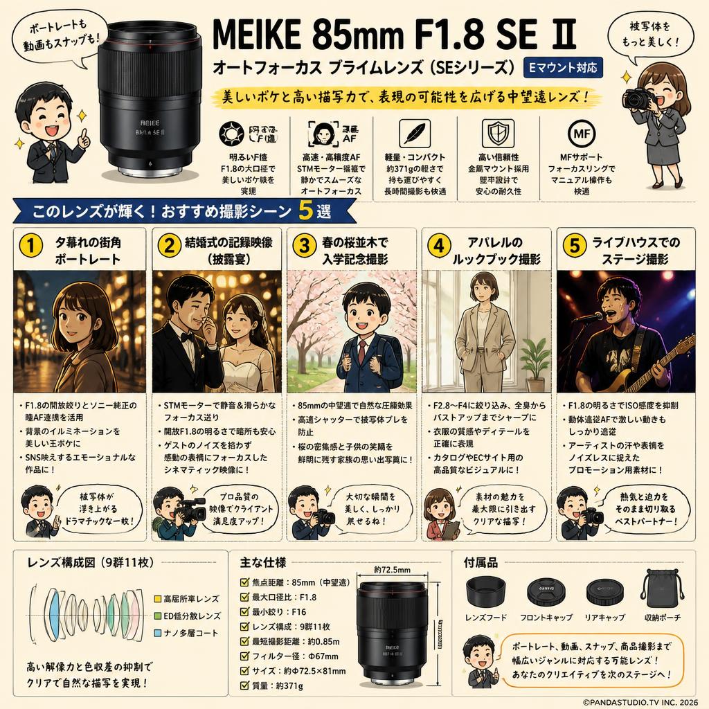 Meike 85mm F1.8 SE II Auto Focus Prime Lens(SE SERIES) Eマウント 用途