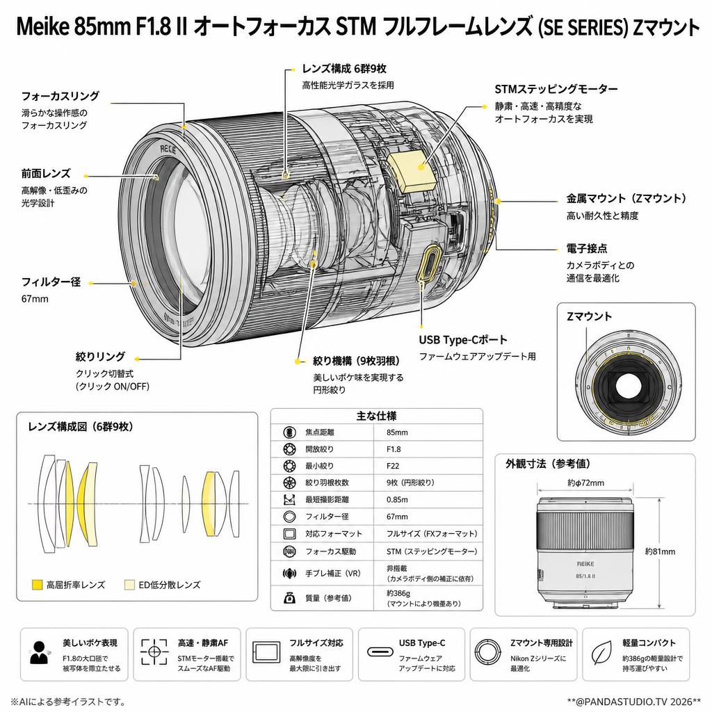 Meike 85mm F1.8 II Auto Focus STM Full Frame Lens(SE SERIES)Zマウント スペック