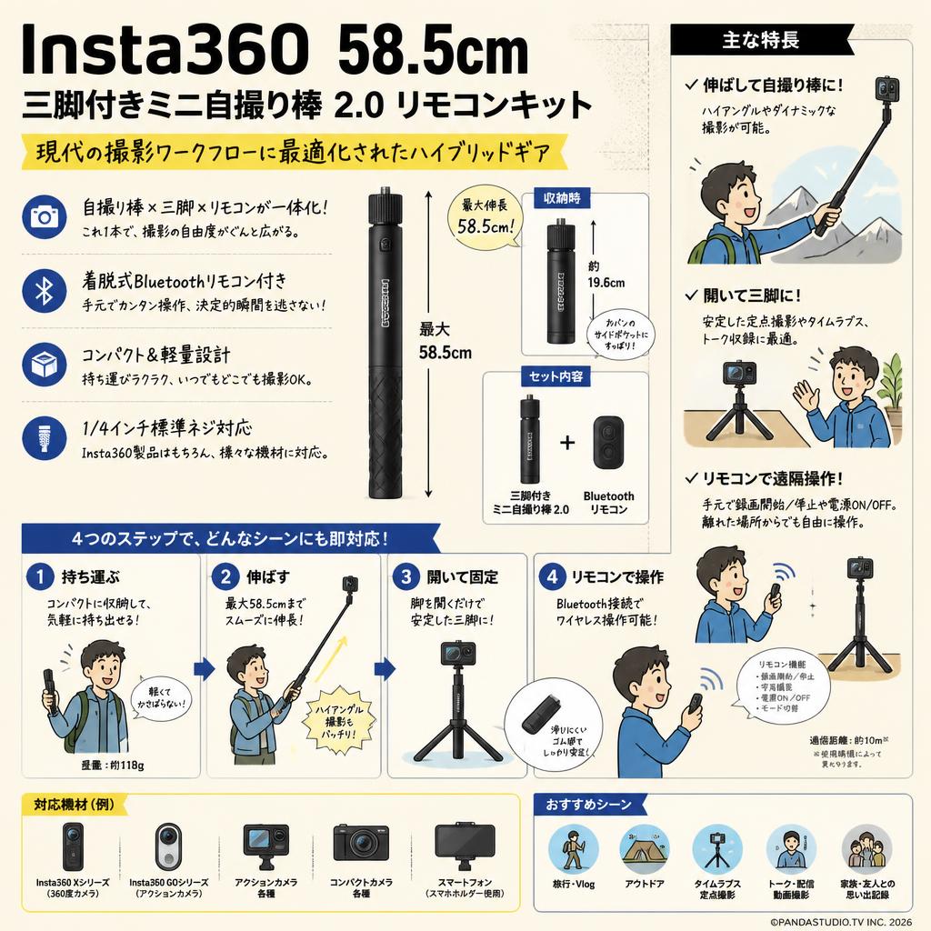 Insta360  58.5cm 三脚付きミニ自撮り棒 2.0 リモコンキット 概要