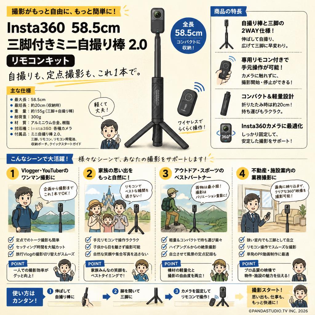 Insta360  58.5cm 三脚付きミニ自撮り棒 2.0 リモコンキット おもな対象のお客様