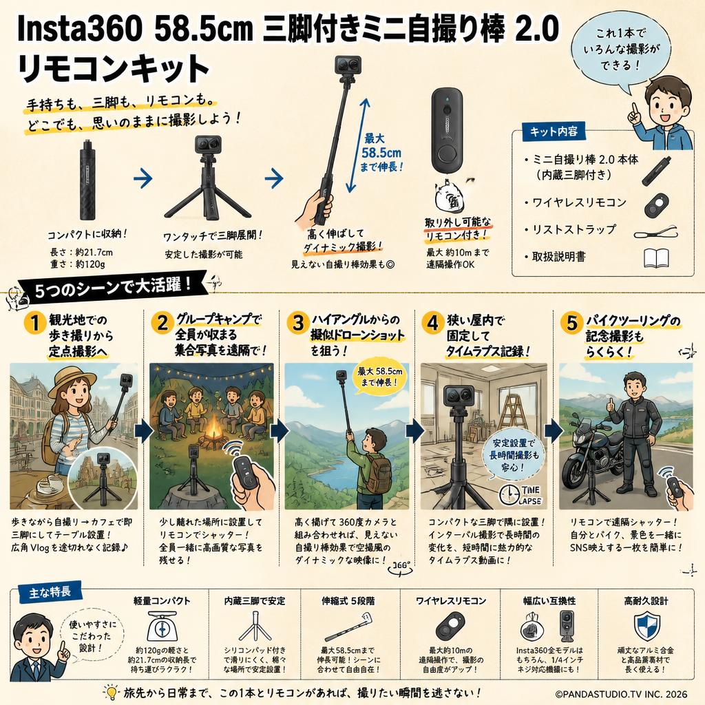 Insta360  58.5cm 三脚付きミニ自撮り棒 2.0 リモコンキット 用途