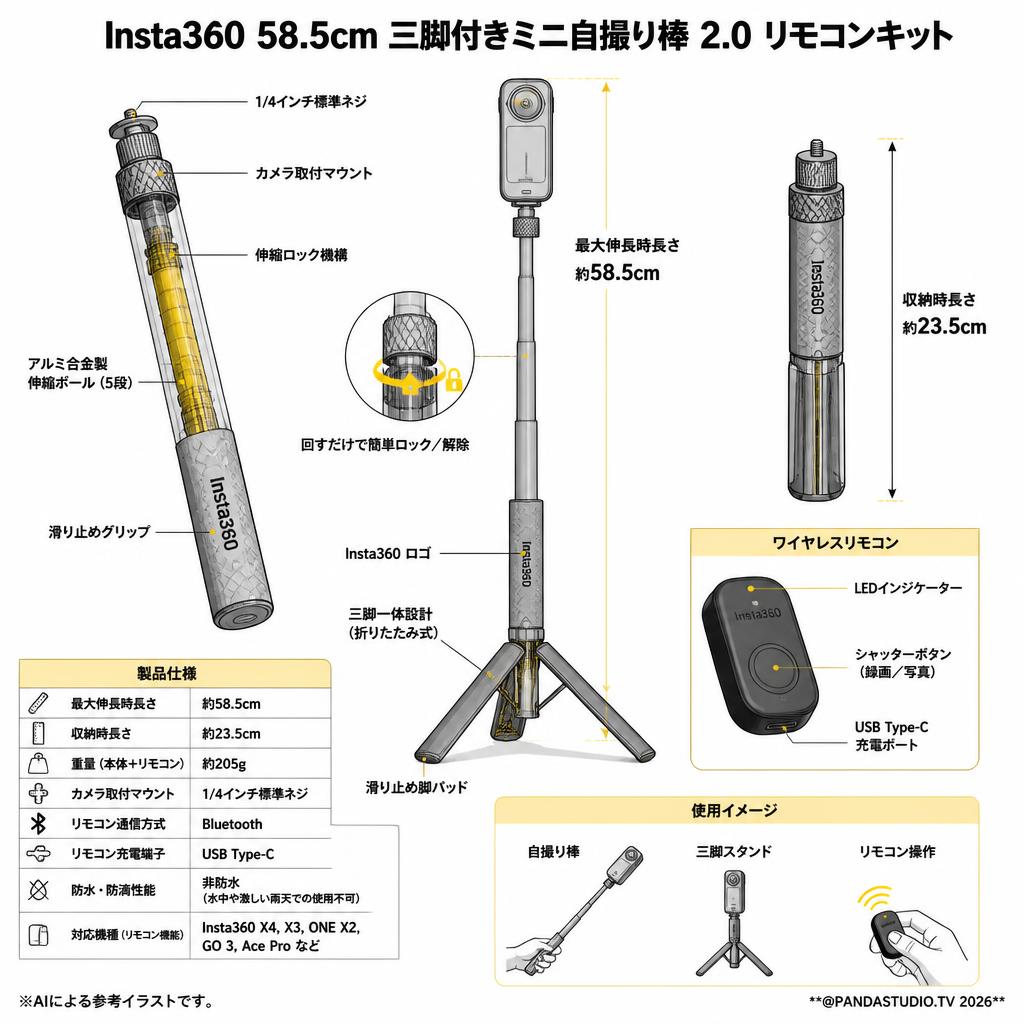 Insta360  58.5cm 三脚付きミニ自撮り棒 2.0 リモコンキット スペック