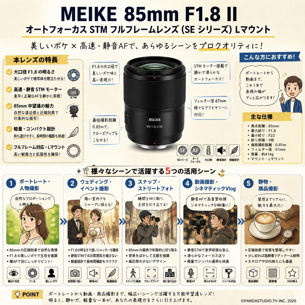 Meike 85mm F1.8 II Auto Focus STM Full Frame Lens(SE SERIES) Lマウント 用途