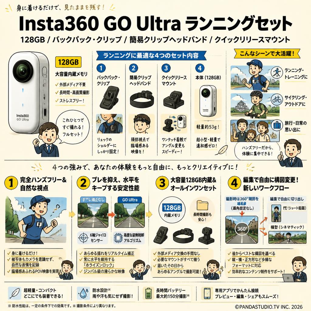 Insta360 GO Ultra 128GB / バックパック・クリップ / 簡易クリップヘッドバンド / クイックリリースマウント （ランニングセット） 概要