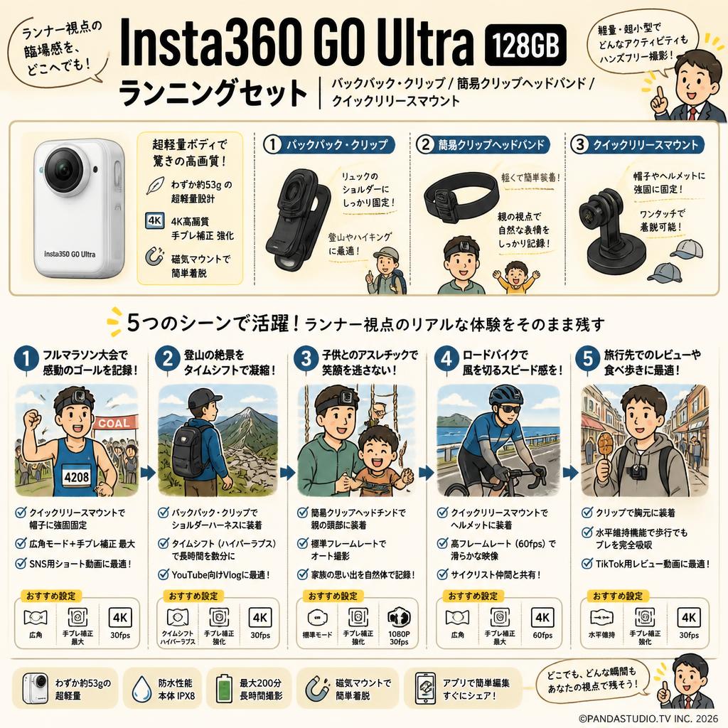Insta360 GO Ultra 128GB / バックパック・クリップ / 簡易クリップヘッドバンド / クイックリリースマウント （ランニングセット） 用途