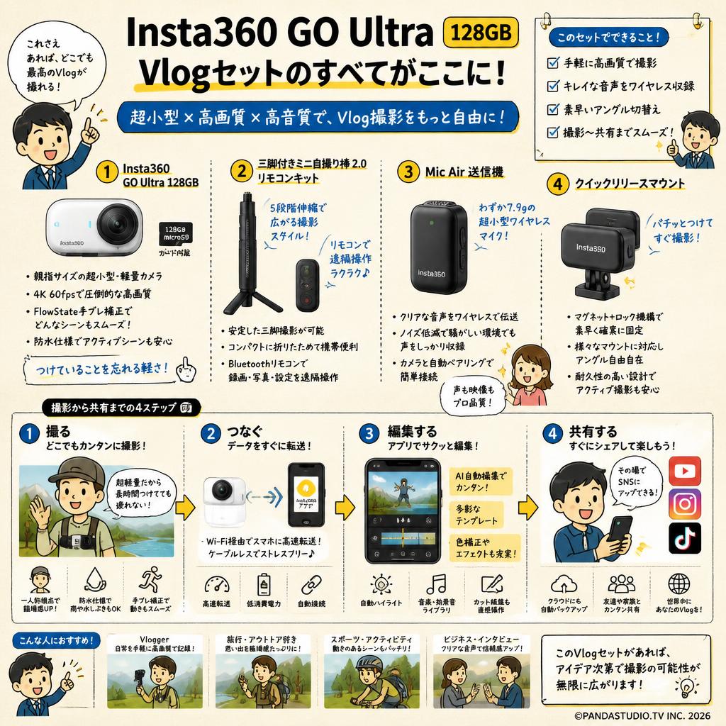 Insta360 GO Ultra 128GB / 三脚付きミニ自撮り棒 2.0 リモコンキット / Mic Air 送信機 / クイックリリースマウント （Vlogセット） 概要