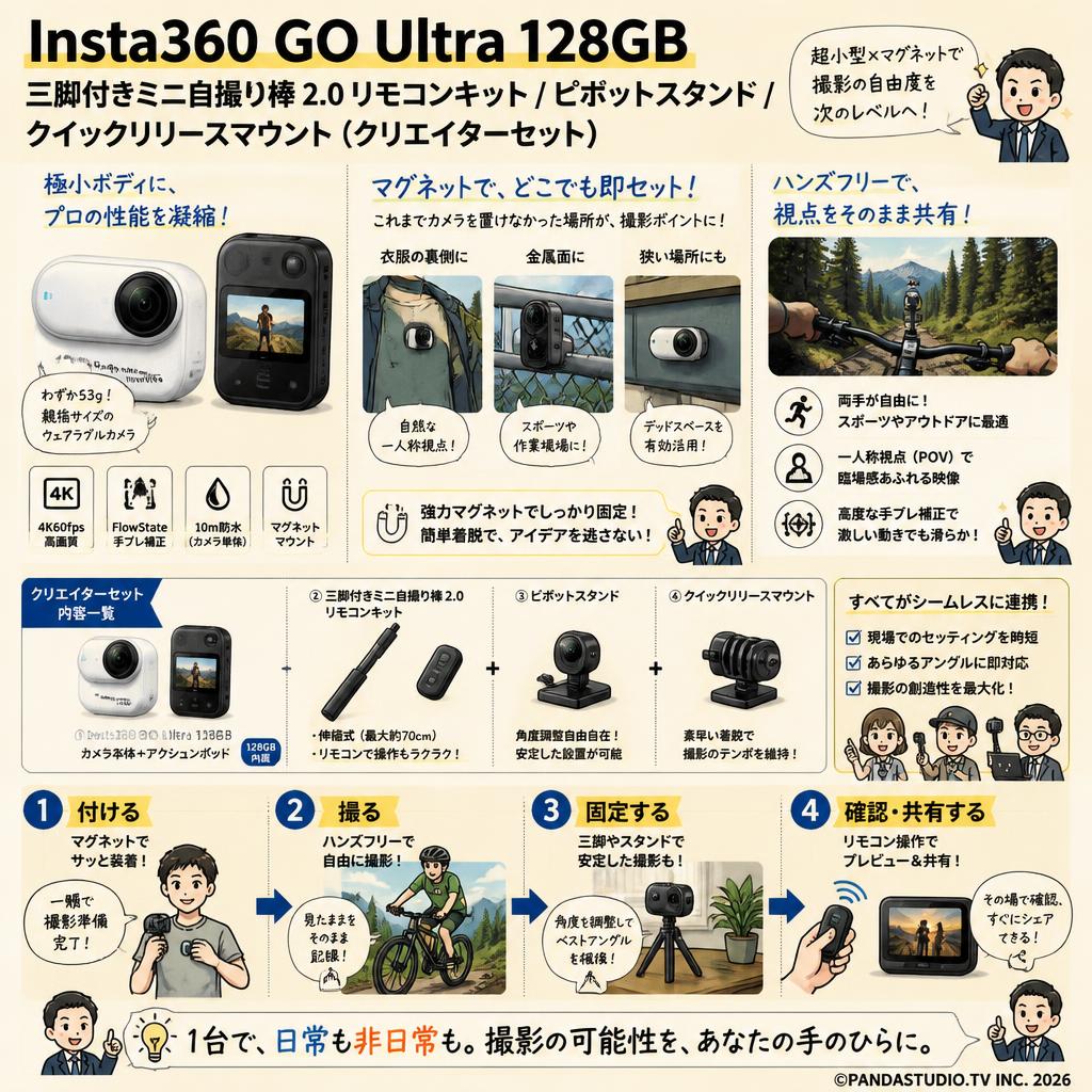 Insta360 GO Ultra 128GB / 三脚付きミニ自撮り棒 2.0 リモコンキット / ピボットスタンド / クイックリリースマウント （クリエイターセット） 概要