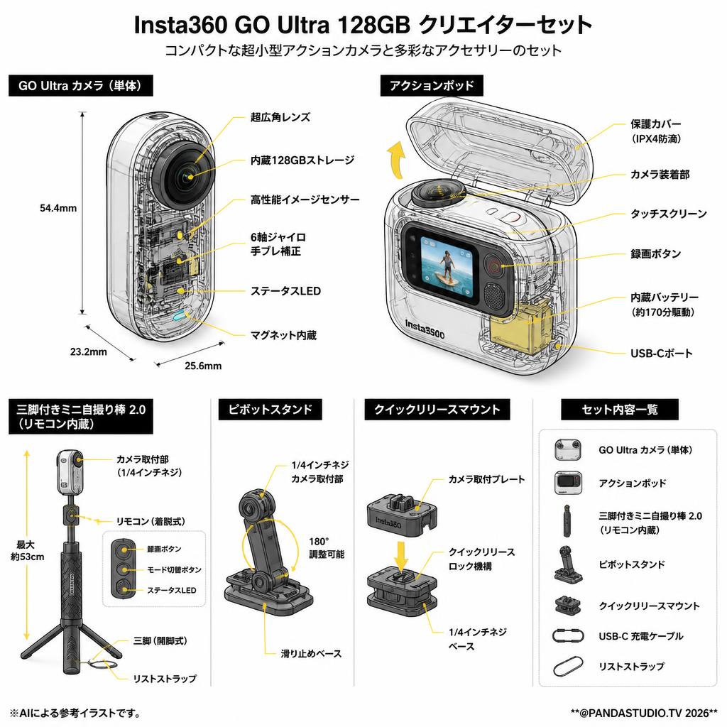 Insta360 GO Ultra 128GB / 三脚付きミニ自撮り棒 2.0 リモコンキット / ピボットスタンド / クイックリリースマウント （クリエイターセット） スペック