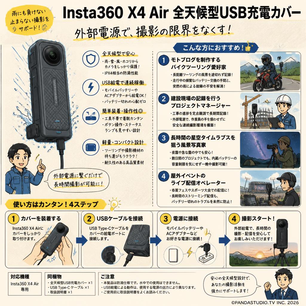 Insta360 X4 Air 全天候型USB充電カバー おもな対象のお客様