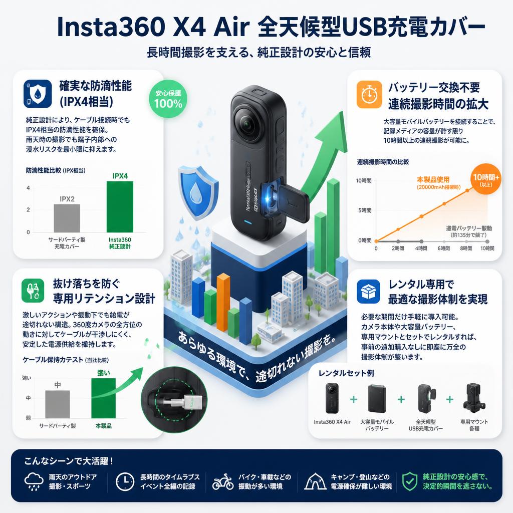 Insta360 X4 Air 全天候型USB充電カバー セールスポイント