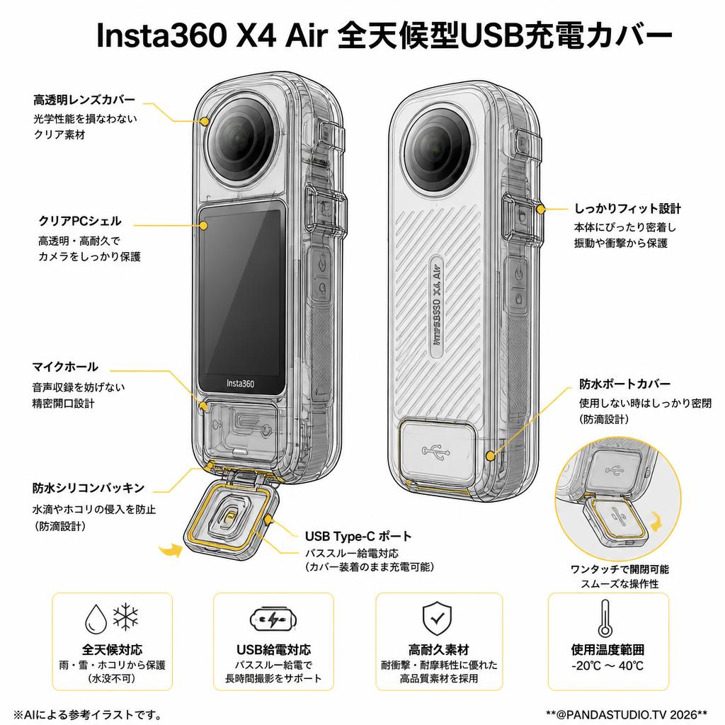 Insta360 X4 Air 全天候型USB充電カバー スペック