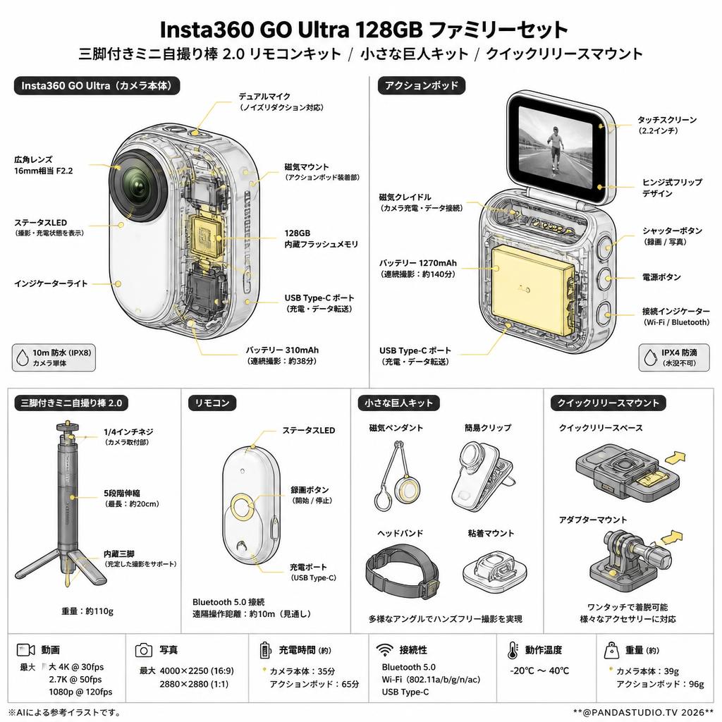 Insta360 GO Ultra 128GB / 三脚付きミニ自撮り棒 2.0 リモコンキット / 小さな巨人キット / クイックリリースマウント （ファミリーセット） スペック