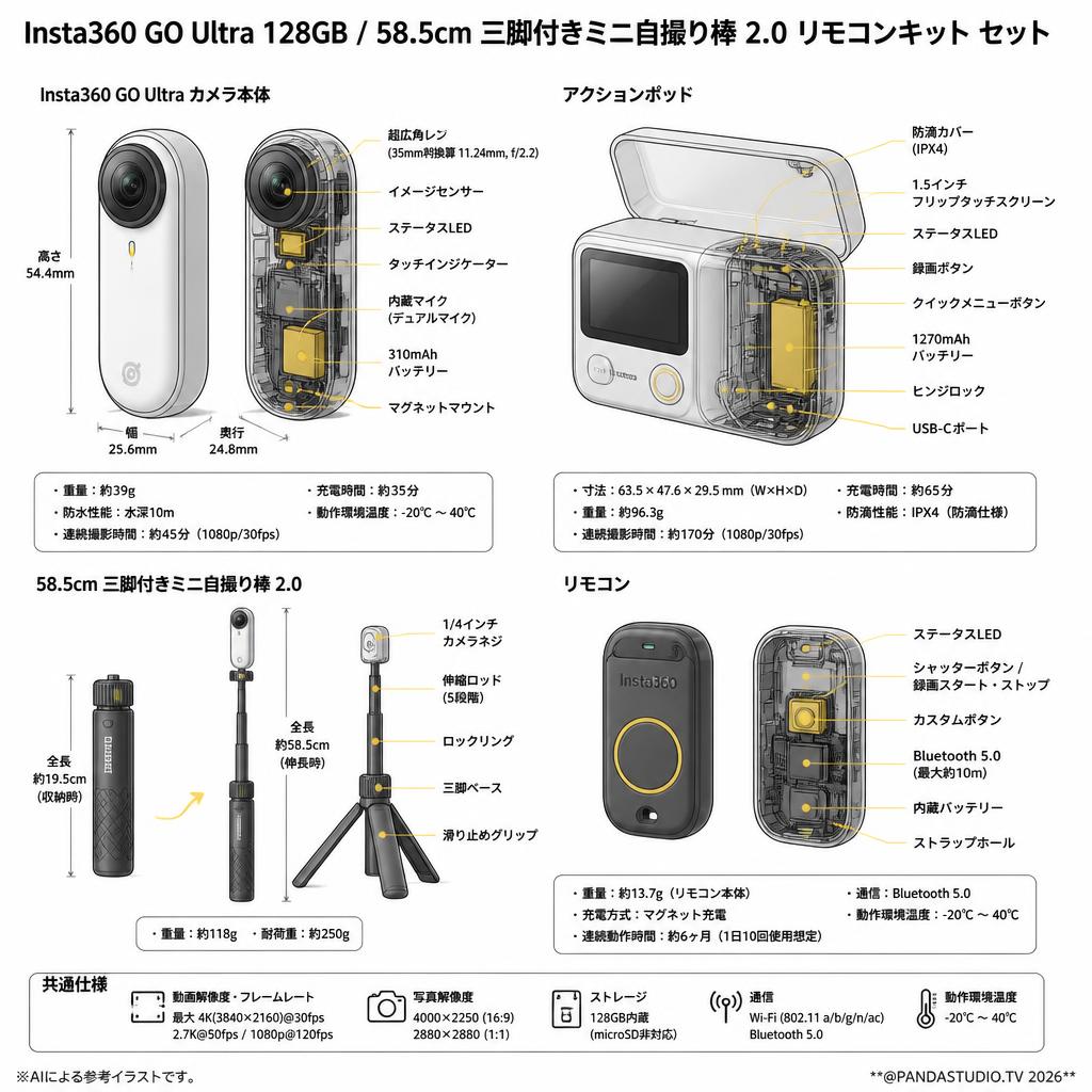 Insta360 GO Ultra 128GB / 58.5cm 三脚付きミニ自撮り棒 2.0 リモコンキット セット スペック