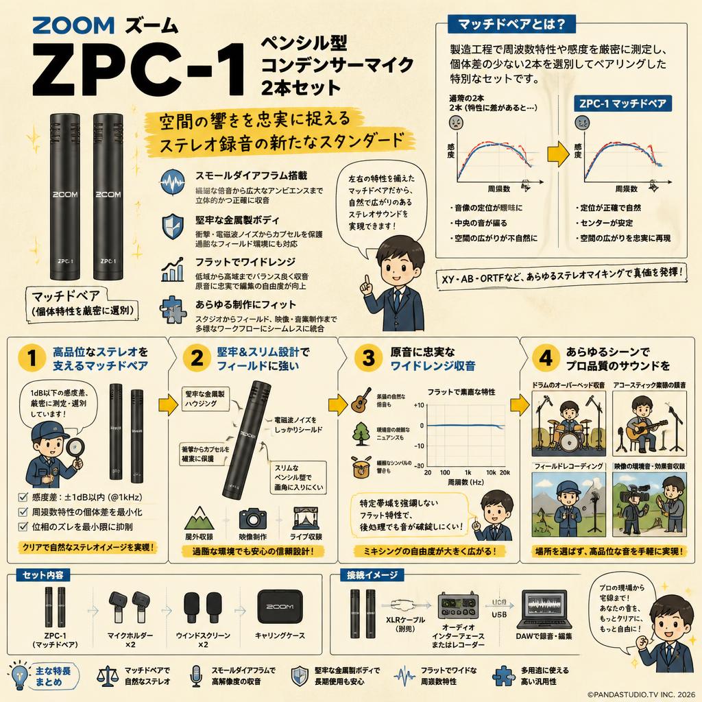 ZOOM ズーム ZPC-1 ペンシル型コンデンサーマイク 2本セット 概要