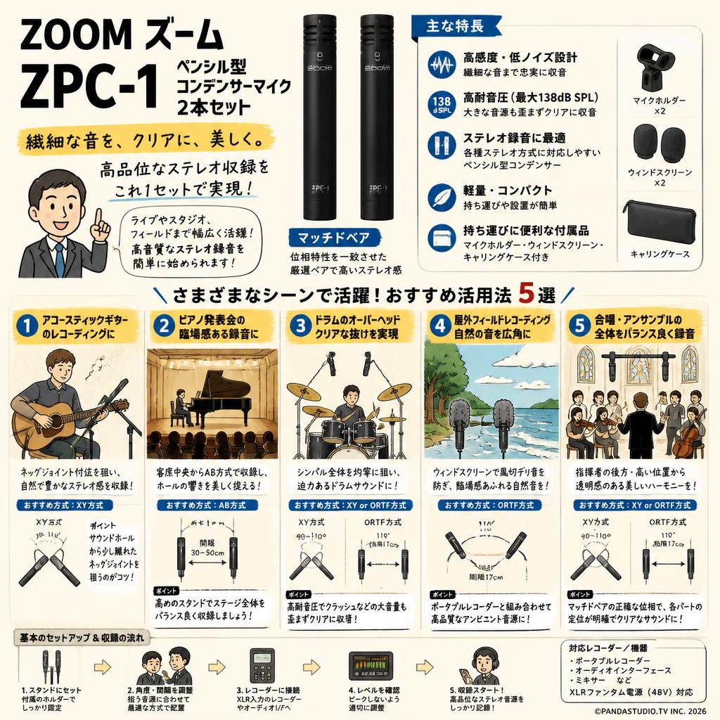 ZOOM ズーム ZPC-1 ペンシル型コンデンサーマイク 2本セット 用途