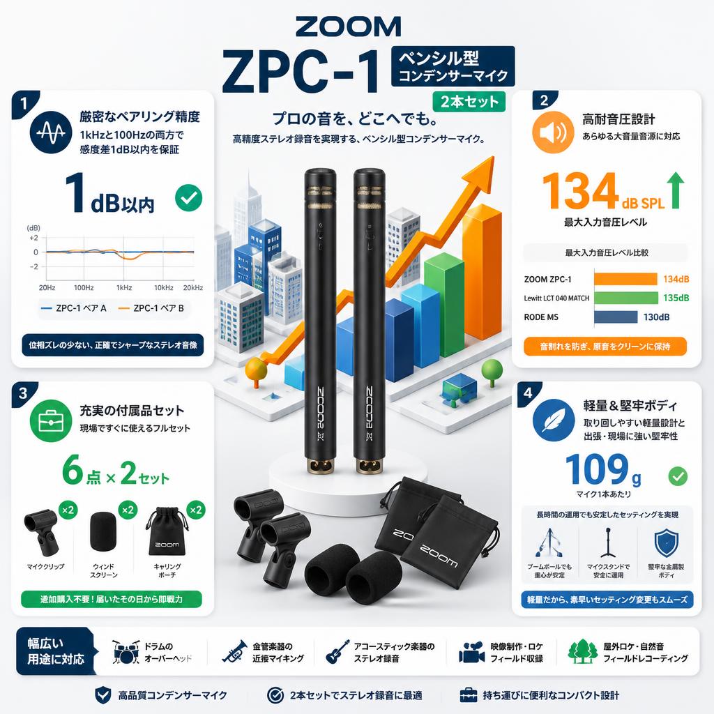 ZOOM ズーム ZPC-1 ペンシル型コンデンサーマイク 2本セット セールスポイント
