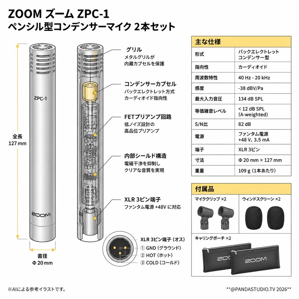 ZOOM ズーム ZPC-1 ペンシル型コンデンサーマイク 2本セット スペック